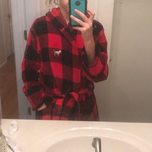 red and black plad robe